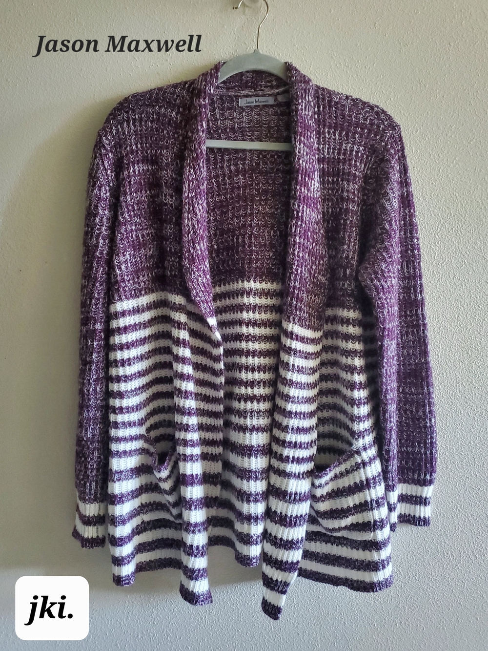 Jason Maxwell Purple & White Striped Open Cardigan Sweater
